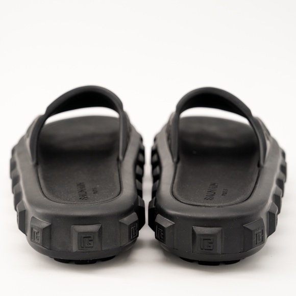 size 40-41 Balmain Black Ari Rubber Slip On Slides Sandal Embossed Logo - Picture 4 of 11